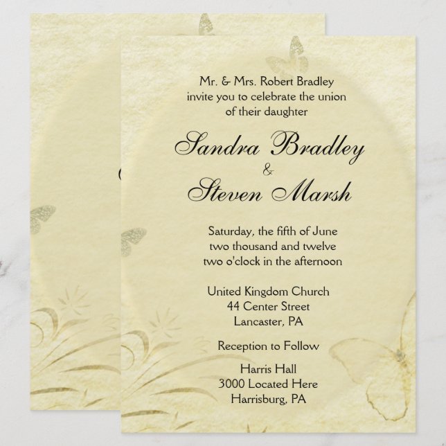 Invitación a casamiento con mariposas vintage (Anverso / Reverso)