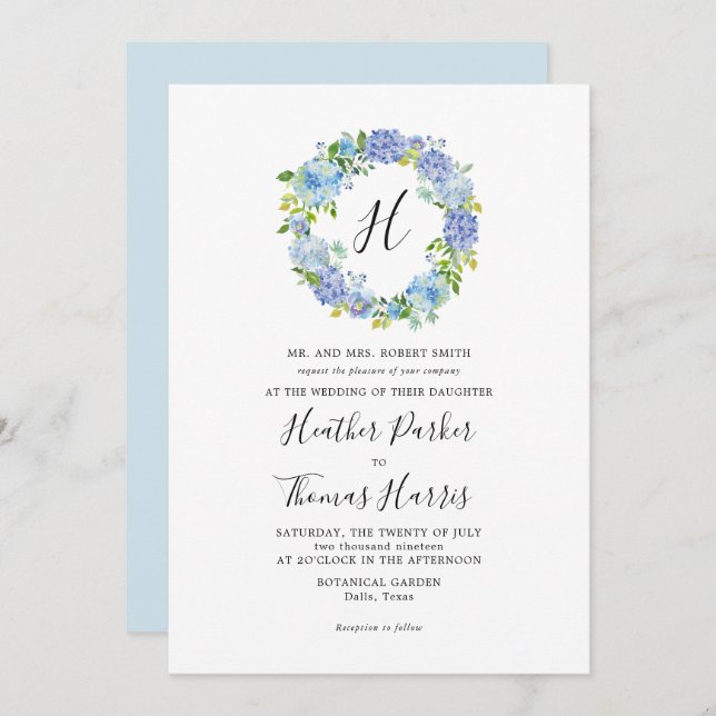 Invitación a casamiento con monograma floral Blue  (Anverso / Reverso)