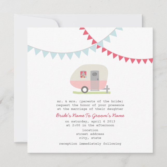 Invitación a casamiento con remolque rosa retro (Anverso)