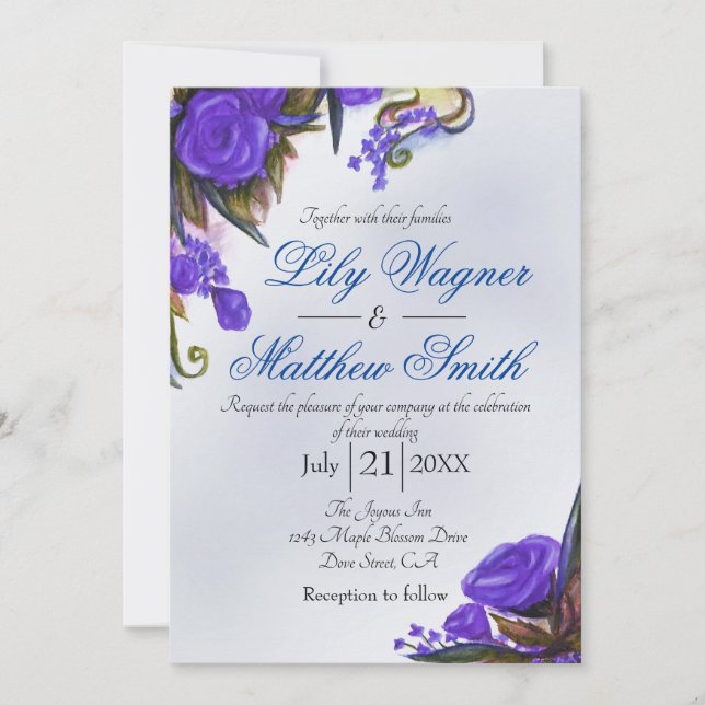 Invitación a casamiento con Rosa floral azul (Anverso)