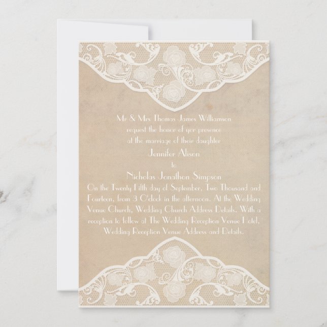 Invitación a casamiento con tela vintage y estilo  (Anverso)