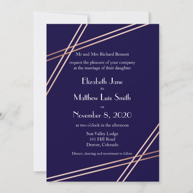 Invitación a casamiento de bandas de oro Rosa bili (Anverso)