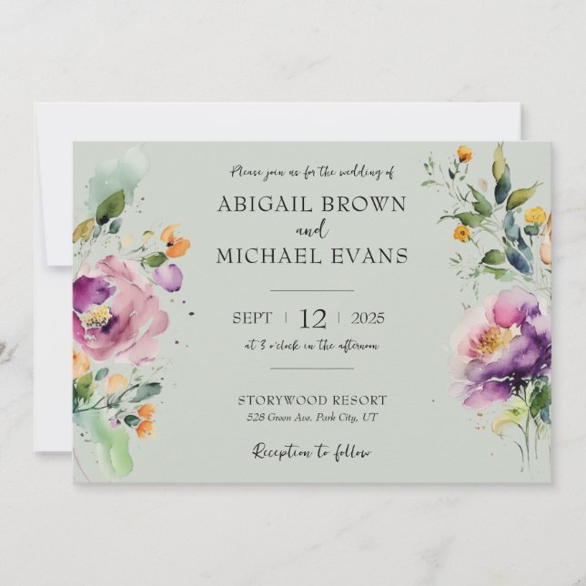 Invitación a casamiento de bodas florales en acuar (Anverso)