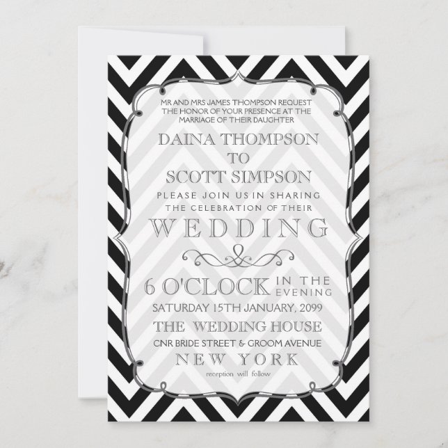 Invitación a casamiento de Chevron blanco y negro  (Anverso)
