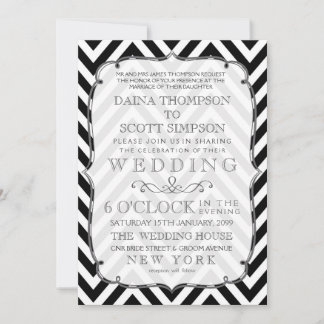 Invitación a casamiento de Chevron blanco y negro 