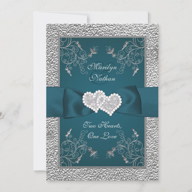 Invitación a casamiento de corazones Verde azulado (Anverso)