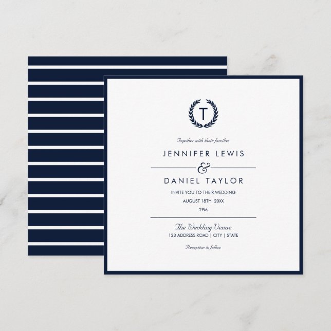 Invitación a casamiento de franja blanca y azul de (Anverso / Reverso)
