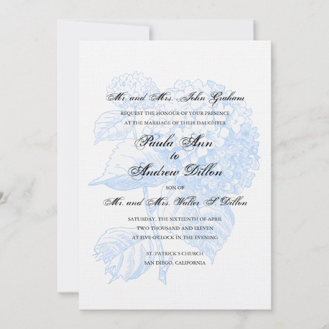 Invitación a casamiento de hidrangea azul (Anverso)