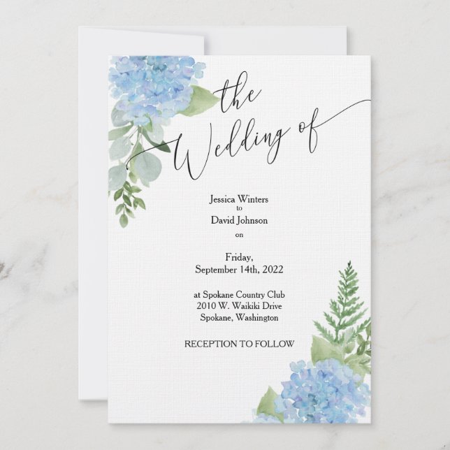 Invitación a casamiento de hidrangea de color azul (Anverso)