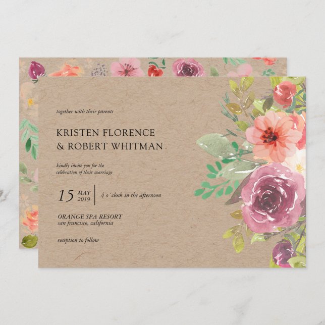 Invitación a casamiento de kraft floral de verano  (Anverso / Reverso)