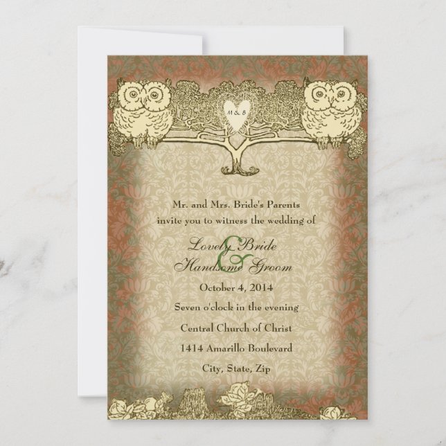 Invitación a casamiento de lechuza dorada color ro (Anverso)