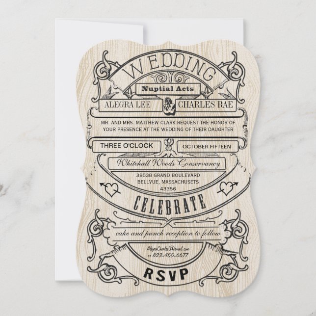 Invitación a casamiento de madera de tipografía mo (Anverso)