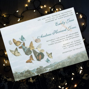 Invitación a casamiento de mariposa y palmera de d