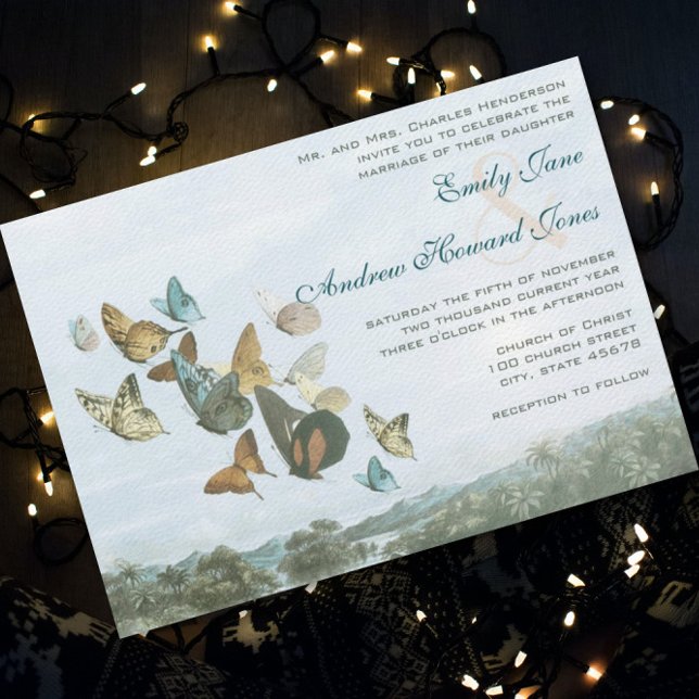 Invitación a casamiento de mariposa y palmera de d (Subido por el creador)