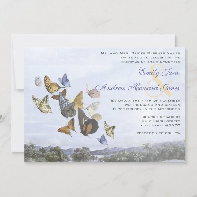 Invitación a casamiento de mariposa y palmera de d (Anverso)