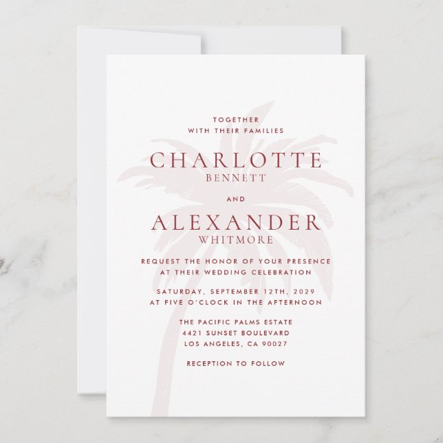 Invitación a casamiento de palmeras costeras rojas (Anverso)