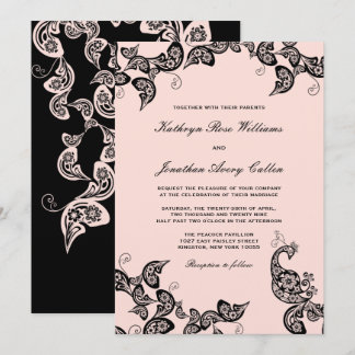 Invitación a casamiento de pavo real con flores de