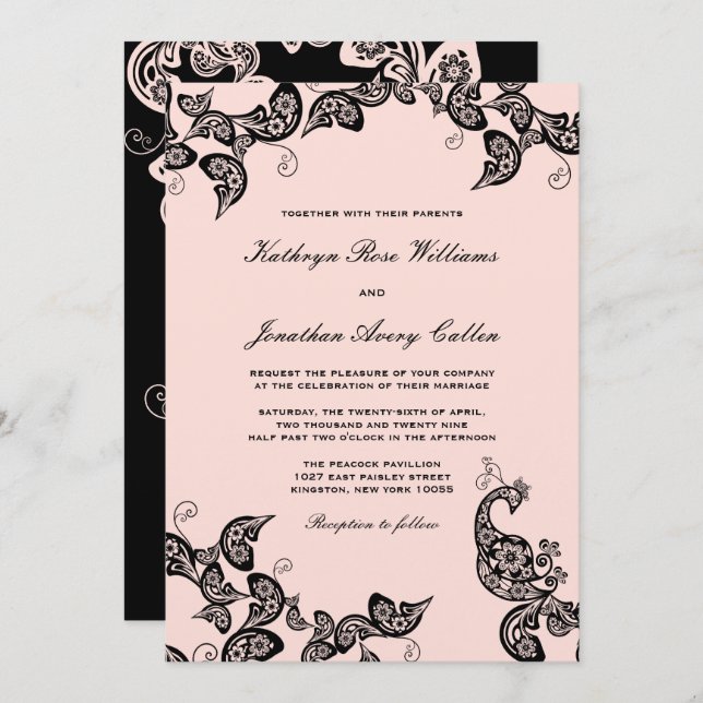 Invitación a casamiento de pavo real con flores de (Anverso / Reverso)