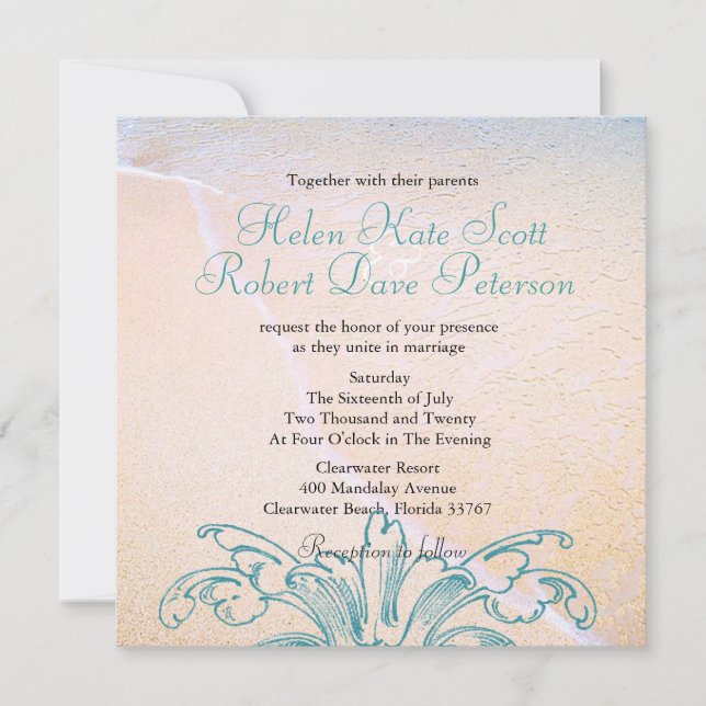 Invitación a casamiento de playa con caparazón de  (Anverso)