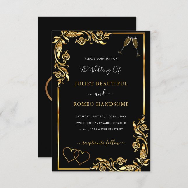 Invitación a casamiento de QR Code Gold Black Hear (Anverso / Reverso)