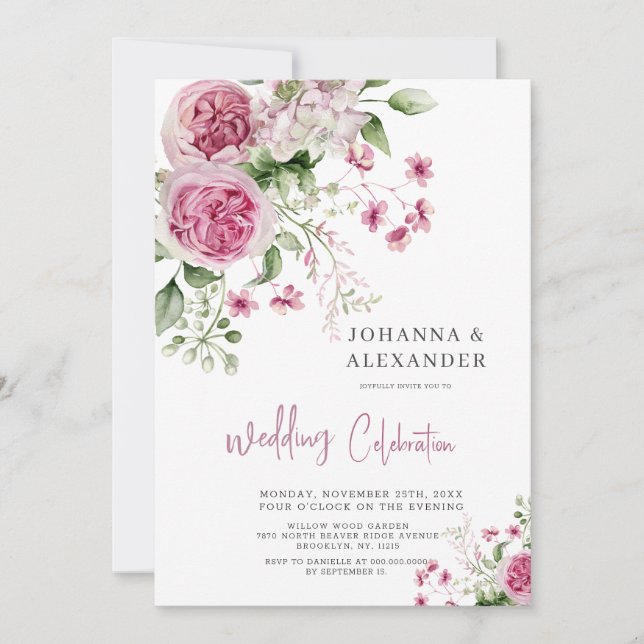 Invitación a casamiento de Rosa acuarela Peony Ele (Anverso)