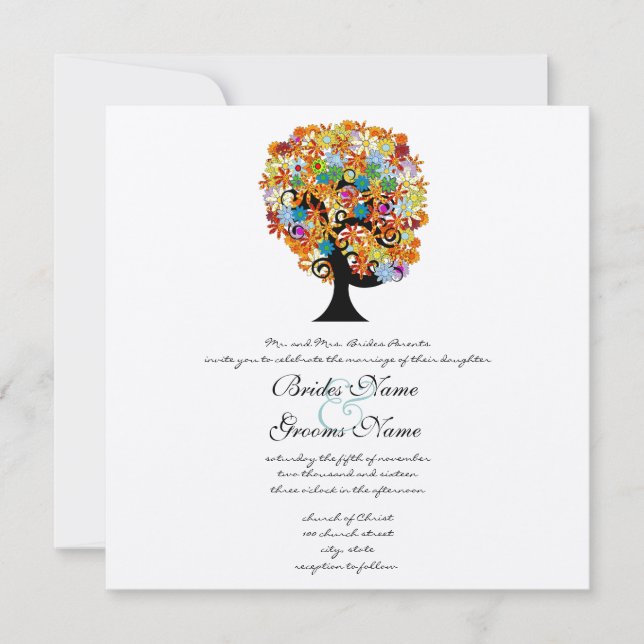 Invitación a casamiento en árbol de amor multicolo (Anverso)