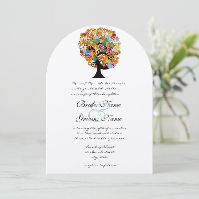 Invitación a casamiento en árbol de amor multicolo (Anverso de pie)