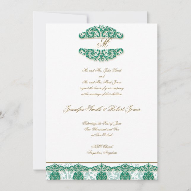 Invitación a casamiento en monograma Verde azulado (Anverso)