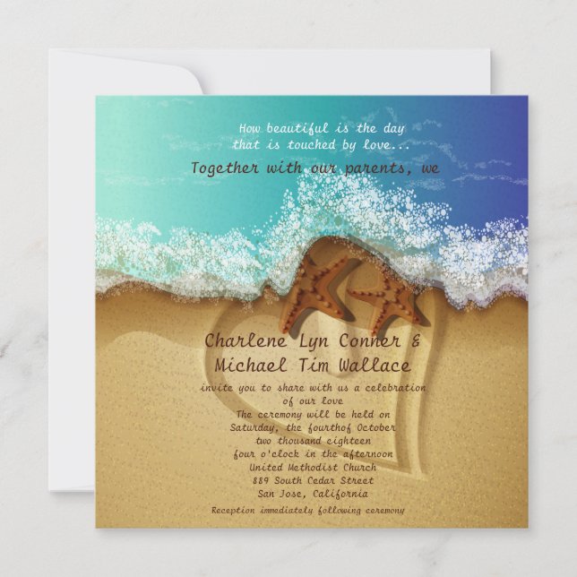 Invitación a casamiento en playa de 5,25" x 5,25" (Anverso)