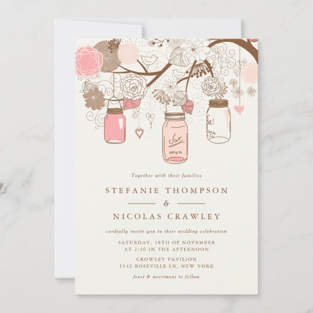 Invitación a casamiento floral de mason rosado vin (Anverso)