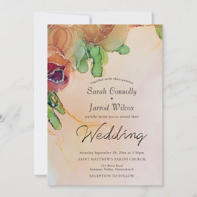 Invitación a casamiento floral de Naranja quemado  (Anverso)