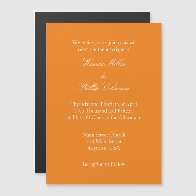 Invitación a casamiento magnético simple naranja (Anverso/Reverso)