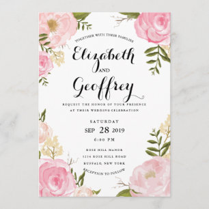 Invitación a casamiento moderno con flores rosadas