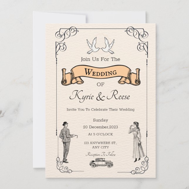 Invitación a casamiento retro de cosecha blanca y  (Anverso)