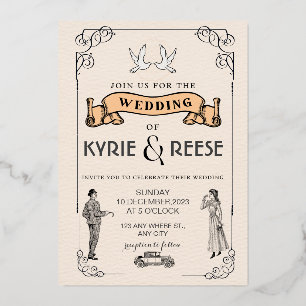 Invitación a casamiento retro de cosecha blanca y 