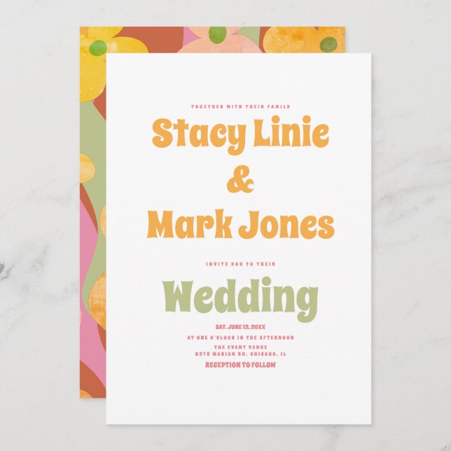 Invitación a casamiento retro de Groovy Floral 80 (Anverso / Reverso)