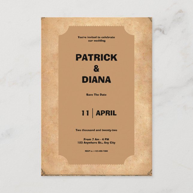 Invitación a casamiento retro marrón y negro (Anverso)