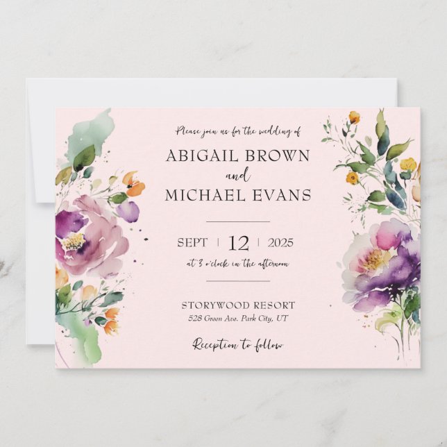 Invitación a casamiento rosa floral acuarela (Anverso)