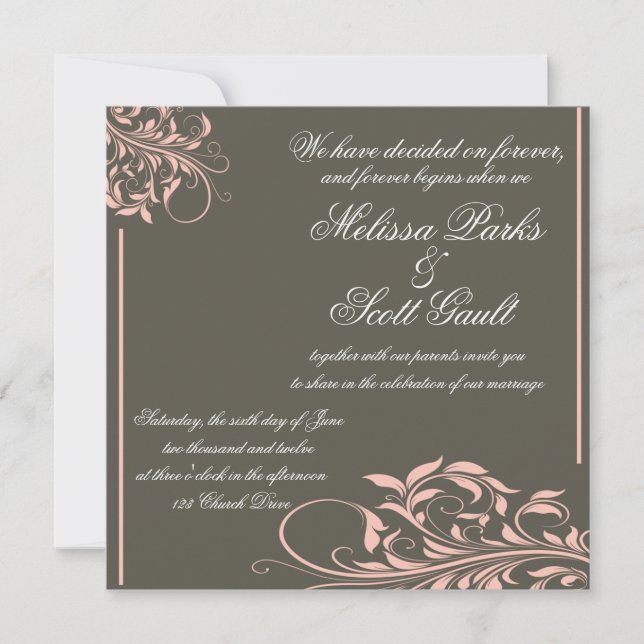 Invitación a casamiento rosa y gris de Apple vinta (Anverso)