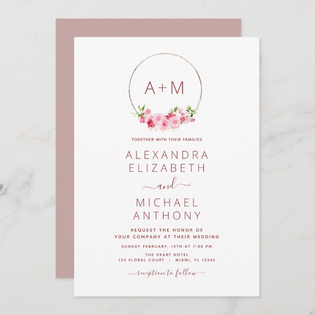 Invitación a casamiento rosado con Rosa con polvo  (Anverso / Reverso)