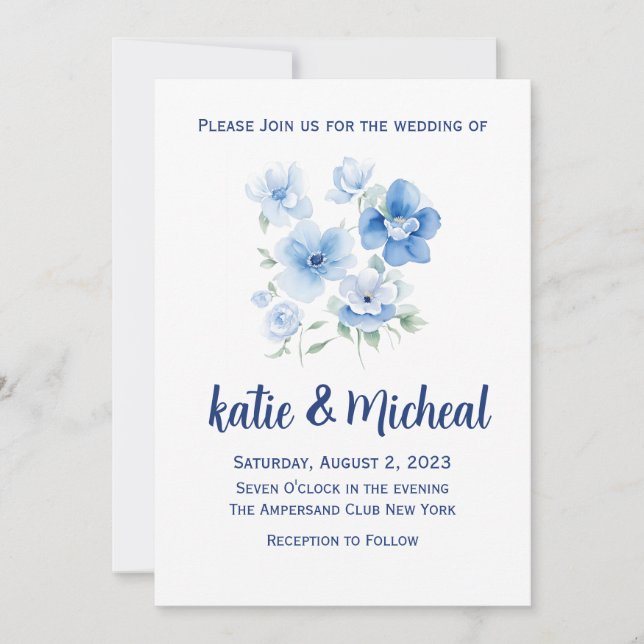 Invitación a casamiento simple con floral azul Min (Anverso)