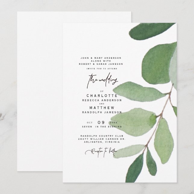 Invitación a casamiento simple de eucalipto (Anverso / Reverso)
