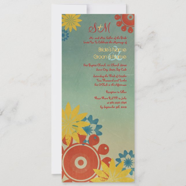 Invitación a casamiento vintage con flores hippie (Anverso)