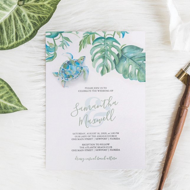 Invitación a casar a la tortuga marina tropical (Tropical wedding invitations watercolor sea turtle and palm leaf art by Victoria Grigaliunas )