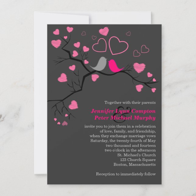 Invitación a casar a los pájaros rosados, grises y (Anverso)