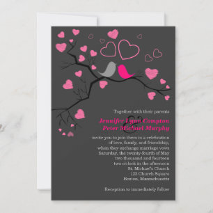 Invitación a casar a los pájaros rosados, grises y