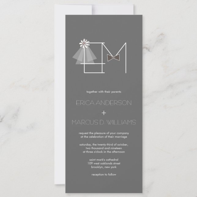 Invitación a casar al Sr. Veil & Bow Tie Monogram (Anverso)