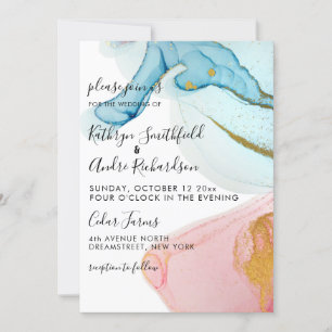 Invitación a casar color oro azul rosado