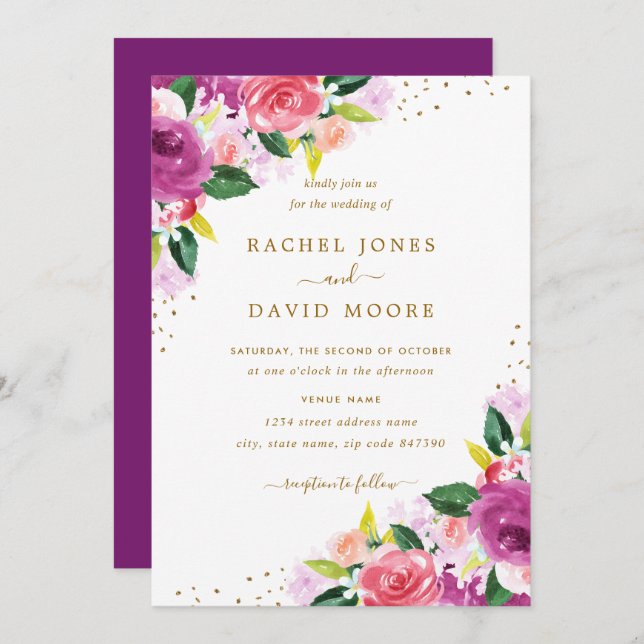 Invitación a casar con acuarela color rosa morado  (Anverso / Reverso)