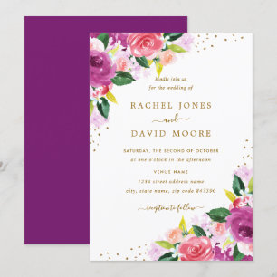Invitación a casar con acuarela color rosa morado